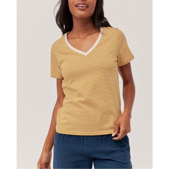 Pact Tops - Pact Organic Softspun V-Neck Tee Cotton Mustard White Stripe XL